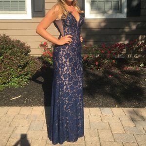 Jovani navy lace beaded prom dress